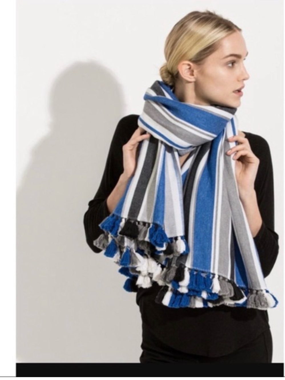 Kit and Ace cashmere tassel blanket scarf Blue, Gray, White & Black Striped